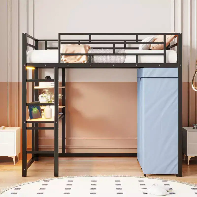 GDFStudio Meyer Loft Metal Bed with Desk, Shelves, Power Outlet, LED Light and Wardrobe