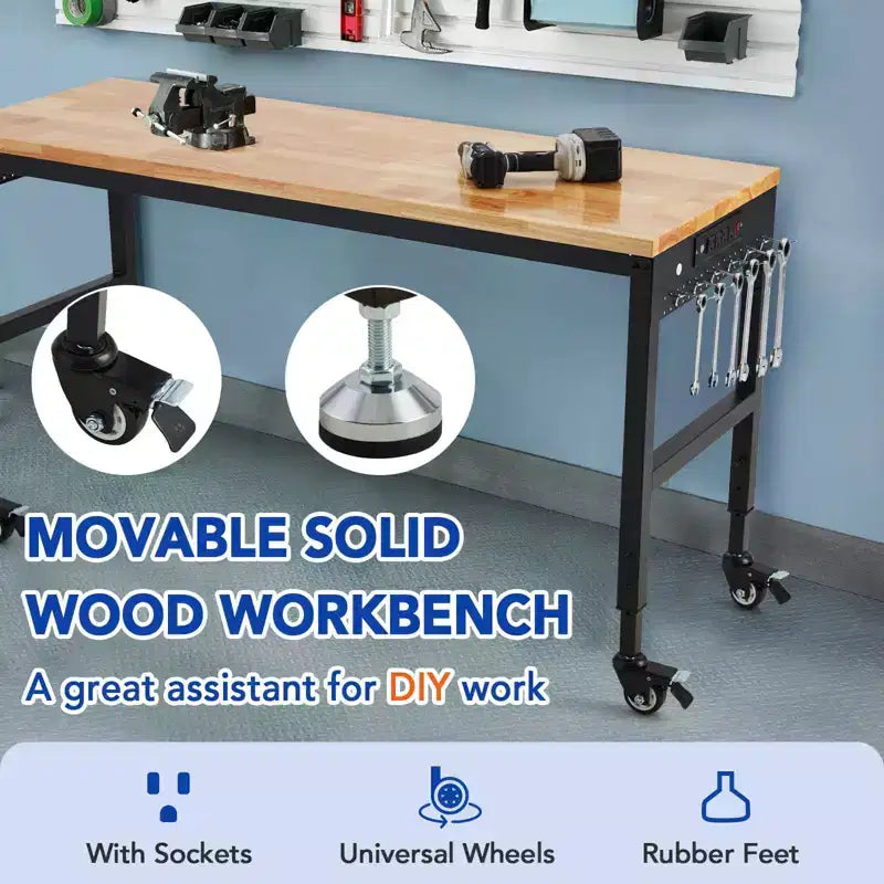 Banco da lavoro regolabile 75" x 25", capacità di carico 2000 libbre, altezza 29,5-38,4 con ruote universali e presa di corrente, tavolo per garage per lavori pesanti
