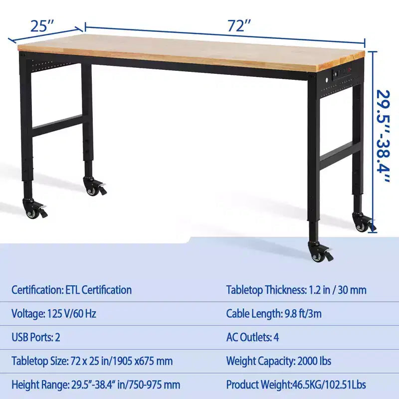 Banco da lavoro regolabile 75" x 25", capacità di carico 2000 libbre, altezza 29,5-38,4 con ruote universali e presa di corrente, tavolo per garage per lavori pesanti