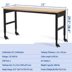 Banco da lavoro regolabile 75" x 25", capacità di carico 2000 libbre, altezza 29,5-38,4 con ruote universali e presa di corrente, tavolo per garage per lavori pesanti