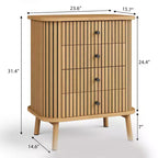 Comodino Boho con 4 Cassetti, Tavolino da Notte in Rattan con Maniglie Nere Opache e Gambe in Legno, Finitura Naturale
