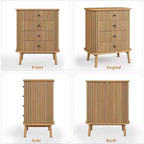 Comodino Boho con 4 Cassetti, Tavolino da Notte in Rattan con Maniglie Nere Opache e Gambe in Legno, Finitura Naturale