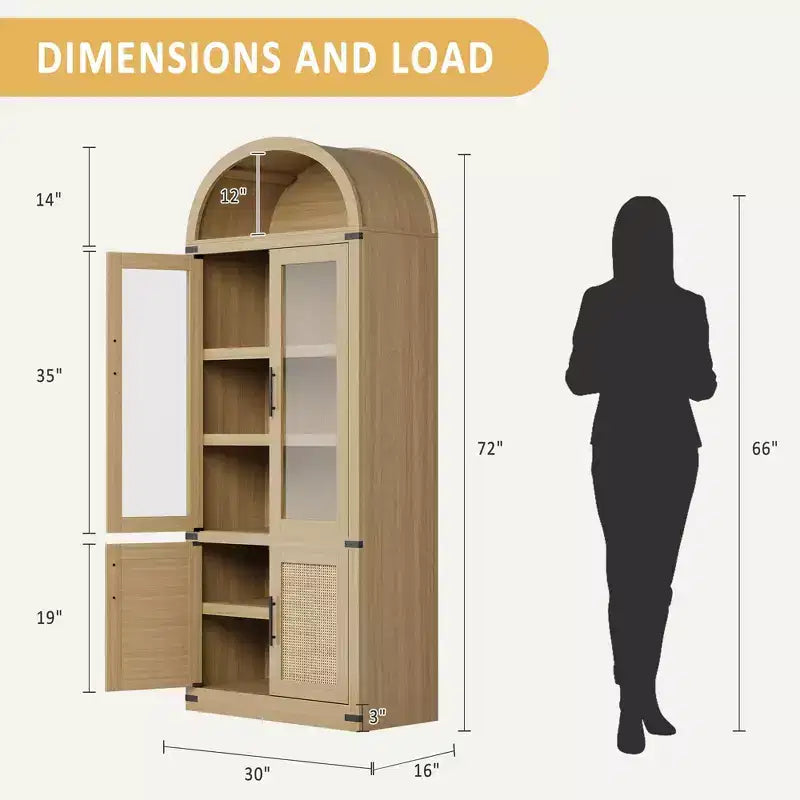 Libreria ad arco a 6 ripiani con ante in vetro - Scaffale moderno in stile rustico, vetrinetta in legno per soggiorno, cucina e ufficio