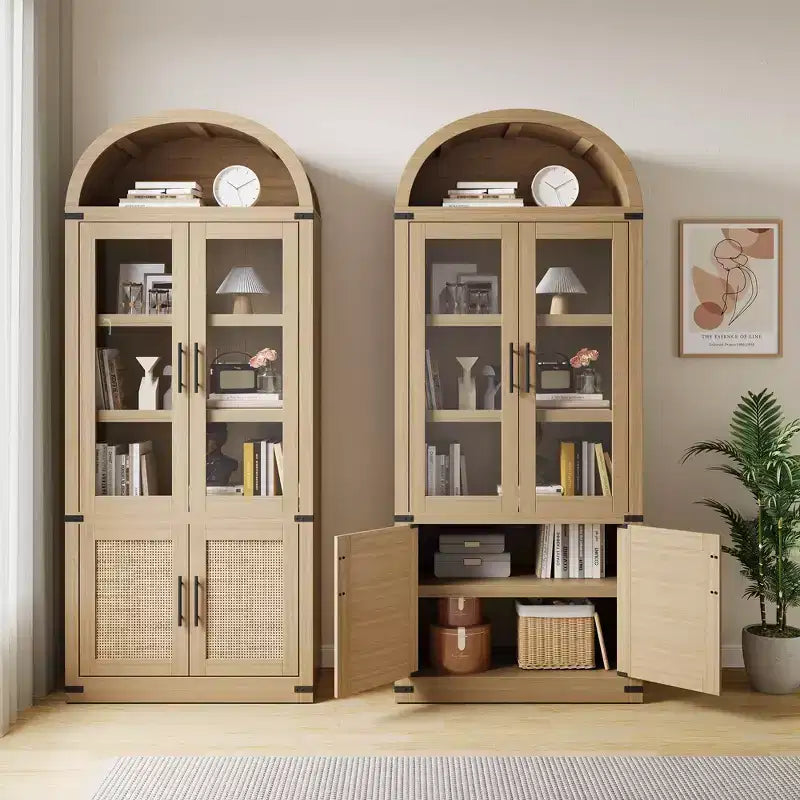 Libreria ad arco a 6 ripiani con ante in vetro - Scaffale moderno in stile rustico, vetrinetta in legno per soggiorno, cucina e ufficio