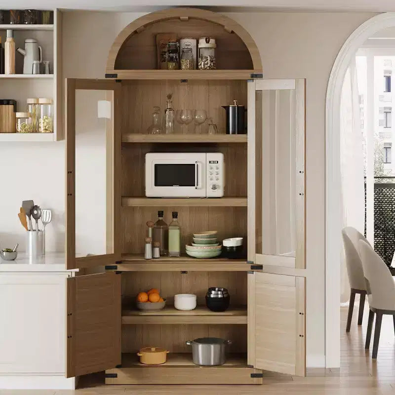 Libreria ad arco a 6 ripiani con ante in vetro - Scaffale moderno in stile rustico, vetrinetta in legno per soggiorno, cucina e ufficio