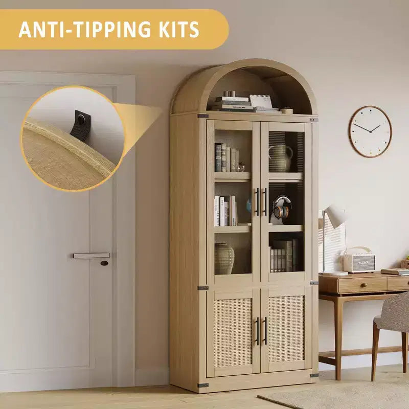 Libreria ad arco a 6 ripiani con ante in vetro - Scaffale moderno in stile rustico, vetrinetta in legno per soggiorno, cucina e ufficio