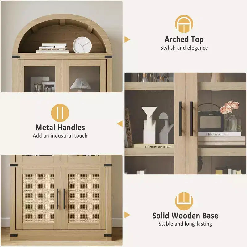 Libreria ad arco a 6 ripiani con ante in vetro - Scaffale moderno in stile rustico, vetrinetta in legno per soggiorno, cucina e ufficio