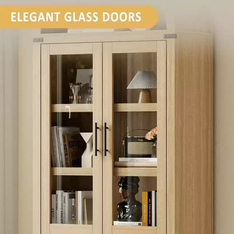 Libreria ad arco a 6 ripiani con ante in vetro - Scaffale moderno in stile rustico, vetrinetta in legno per soggiorno, cucina e ufficio