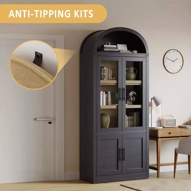 Libreria ad arco a 6 ripiani con ante in vetro - Scaffale moderno in stile rustico, vetrinetta in legno per soggiorno, cucina e ufficio