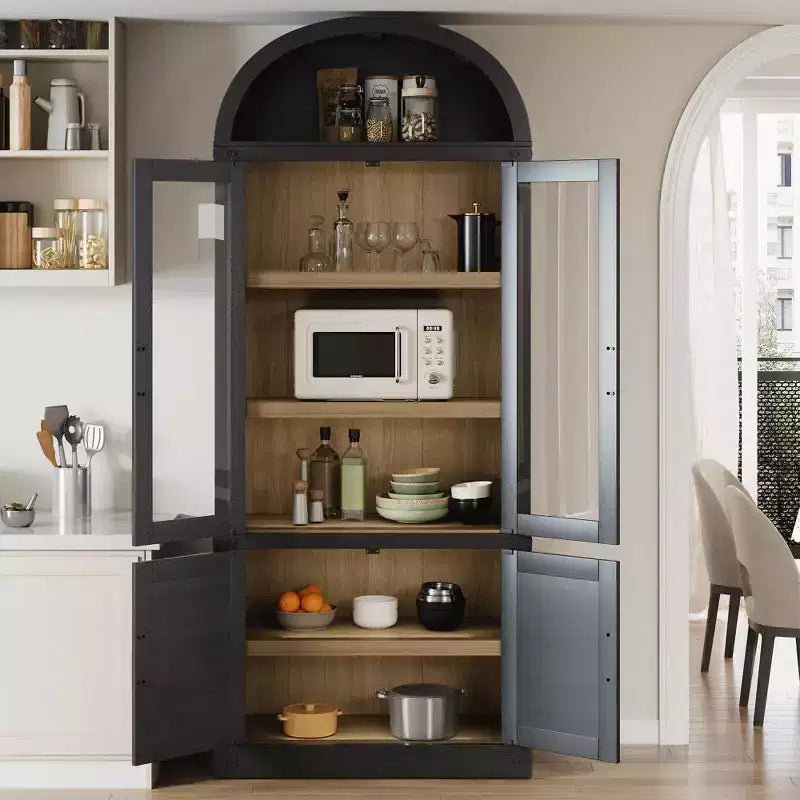 Libreria ad arco a 6 ripiani con ante in vetro - Scaffale moderno in stile rustico, vetrinetta in legno per soggiorno, cucina e ufficio