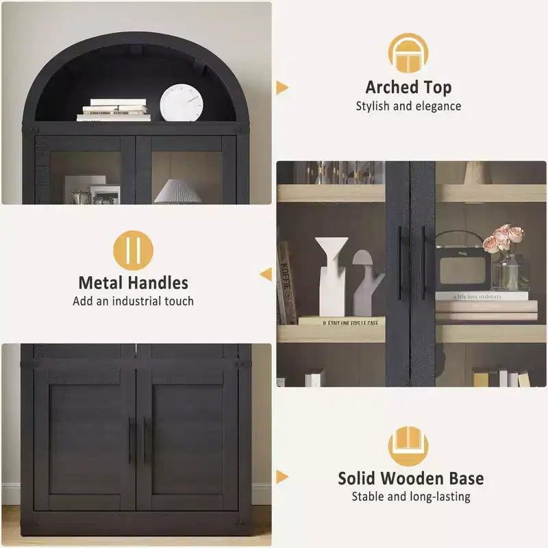 Libreria ad arco a 6 ripiani con ante in vetro - Scaffale moderno in stile rustico, vetrinetta in legno per soggiorno, cucina e ufficio