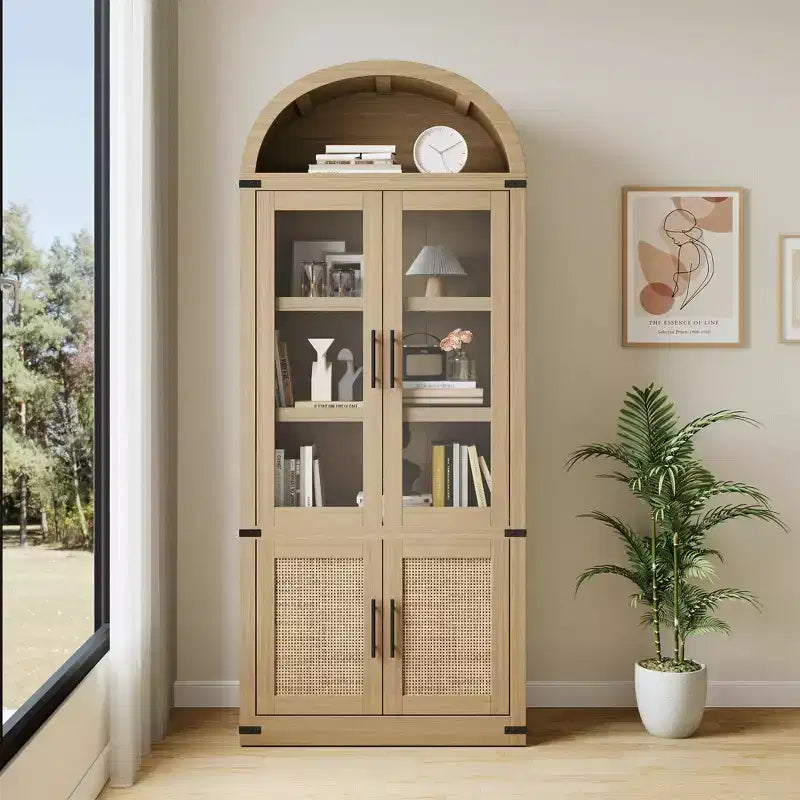 Libreria ad arco a 6 ripiani con ante in vetro - Scaffale moderno in stile rustico, vetrinetta in legno per soggiorno, cucina e ufficio