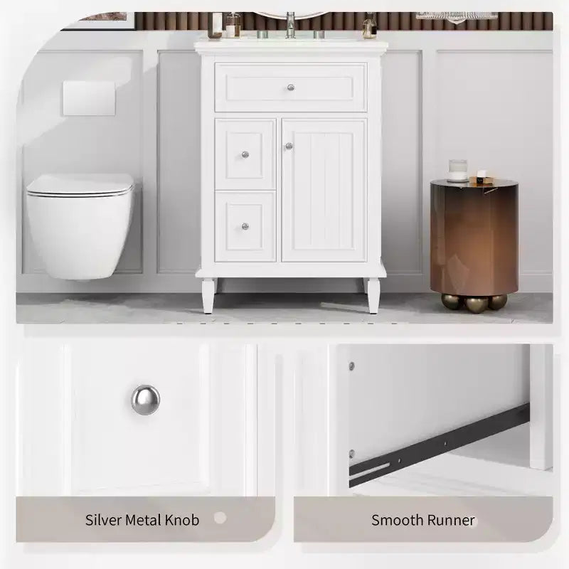 Mobile Bagno con Lavabo, Mobile Sottolavabo con 1 Cassetto a Ribalta, 2 Cassetti e Ripiano Regolabile, Mobile Lavabo Singolo Autoportante Bianco