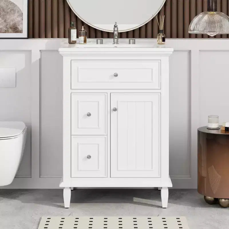 Mobile Bagno con Lavabo, Mobile Sottolavabo con 1 Cassetto a Ribalta, 2 Cassetti e Ripiano Regolabile, Mobile Lavabo Singolo Autoportante Bianco