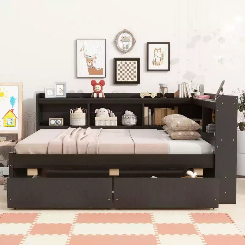 Letto matrimoniale con libreria a L a grandezza naturale con prese di corrente, porte di ricarica USB, due cassetti, letto matrimoniale a L con libreria color espresso