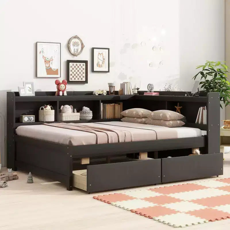 Letto matrimoniale con libreria a L a grandezza naturale con prese di corrente, porte di ricarica USB, due cassetti, letto matrimoniale a L con libreria color espresso