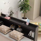 Letto matrimoniale con libreria a L a grandezza naturale con prese di corrente, porte di ricarica USB, due cassetti, letto matrimoniale a L con libreria color espresso