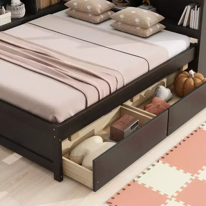 Letto matrimoniale con libreria a L a grandezza naturale con prese di corrente, porte di ricarica USB, due cassetti, letto matrimoniale a L con libreria color espresso