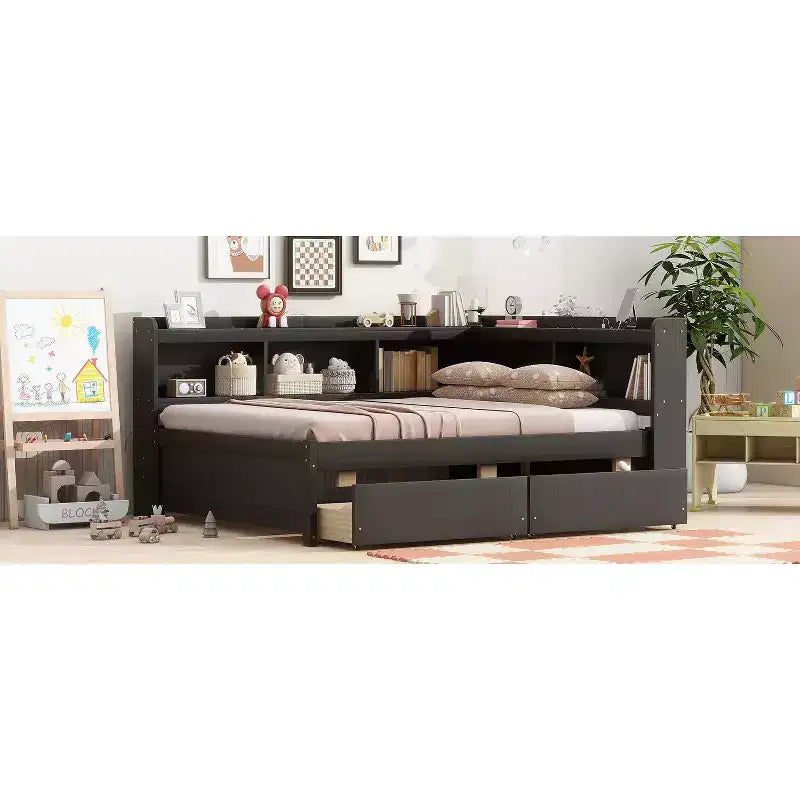 Letto matrimoniale con libreria a L a grandezza naturale con prese di corrente, porte di ricarica USB, due cassetti, letto matrimoniale a L con libreria color espresso