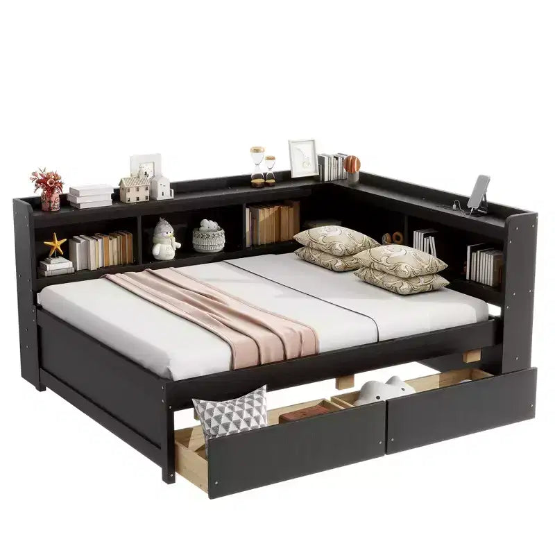 Letto matrimoniale con libreria a L a grandezza naturale con prese di corrente, porte di ricarica USB, due cassetti, letto matrimoniale a L con libreria color espresso