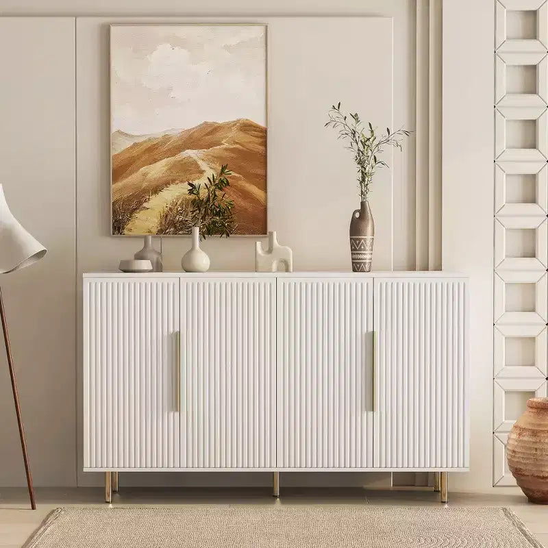JVNOXK Madia Moderna da 144 cm con Funzione Contenitore, Credenza Grande con Pannelli Laterali Scanalati e Ripiani Regolabili, Bianco