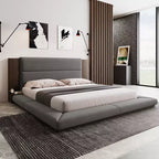 GDFStudio Bacon, letto a piattaforma rivestito in tessuto con testiera in legno allungata e comodini incorporati