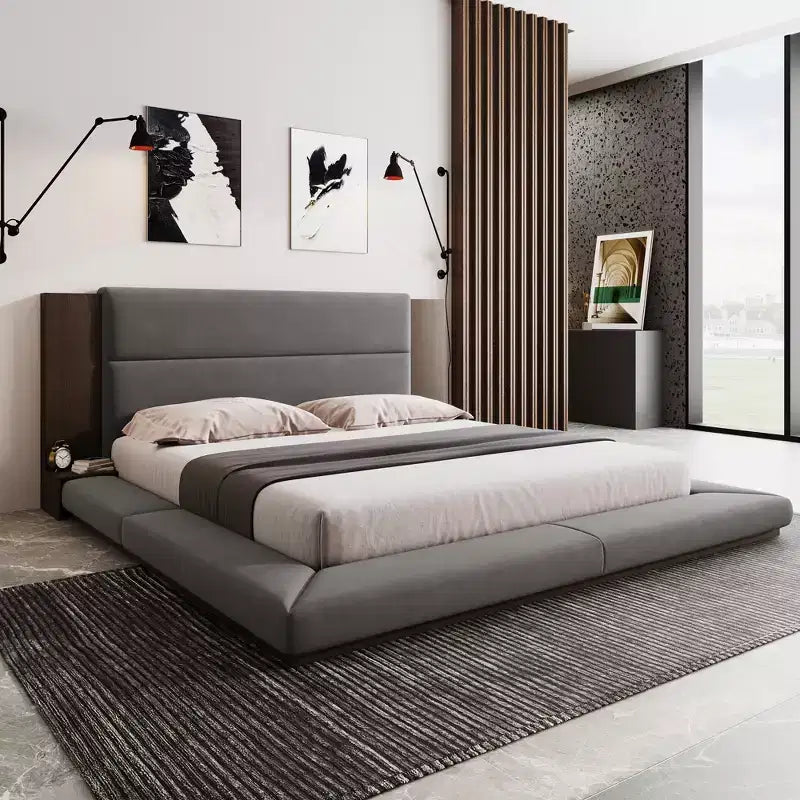 GDFStudio Bacon, letto a piattaforma rivestito in tessuto con testiera in legno allungata e comodini incorporati