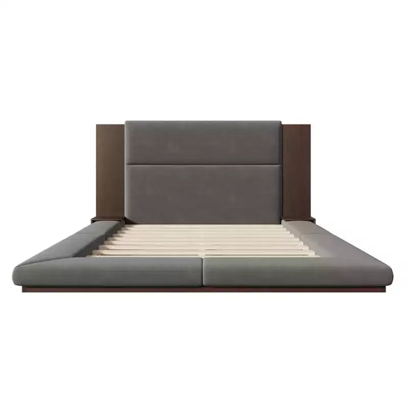 GDFStudio Bacon, letto a piattaforma rivestito in tessuto con testiera in legno allungata e comodini incorporati
