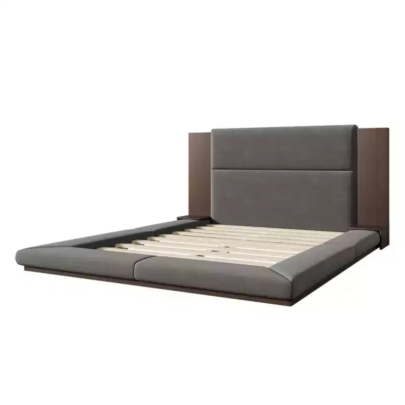 GDFStudio Bacon, letto a piattaforma rivestito in tessuto con testiera in legno allungata e comodini incorporati