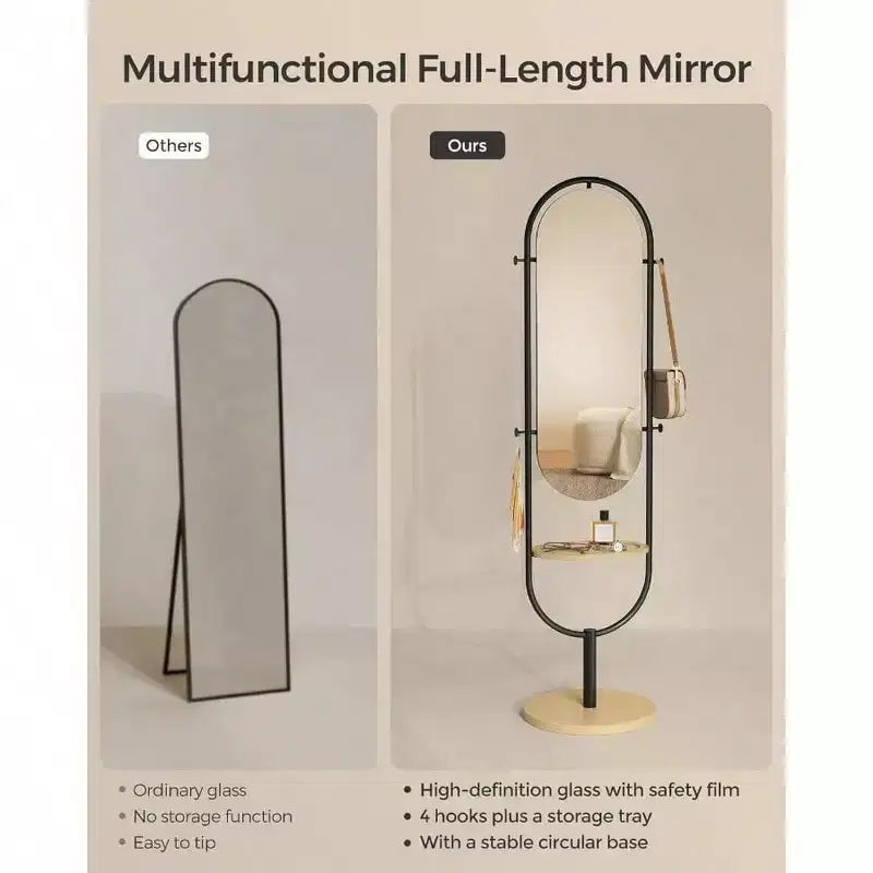 Specchio a figura intera, design 3 in 1 pluripremiato. In rovere beige e nero inchiostro per l'arredamento del soggiorno e della camera da letto
