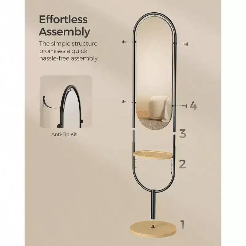 Specchio a figura intera, design 3 in 1 pluripremiato. In rovere beige e nero inchiostro per l'arredamento del soggiorno e della camera da letto