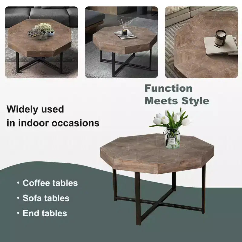 TUYOHW 29.1 Tavolino da caffè vintage per soggiorno, tavolino centrale ottagonale in legno con base a incrocio in acciaio, tavolino da cocktail da 30 pollici