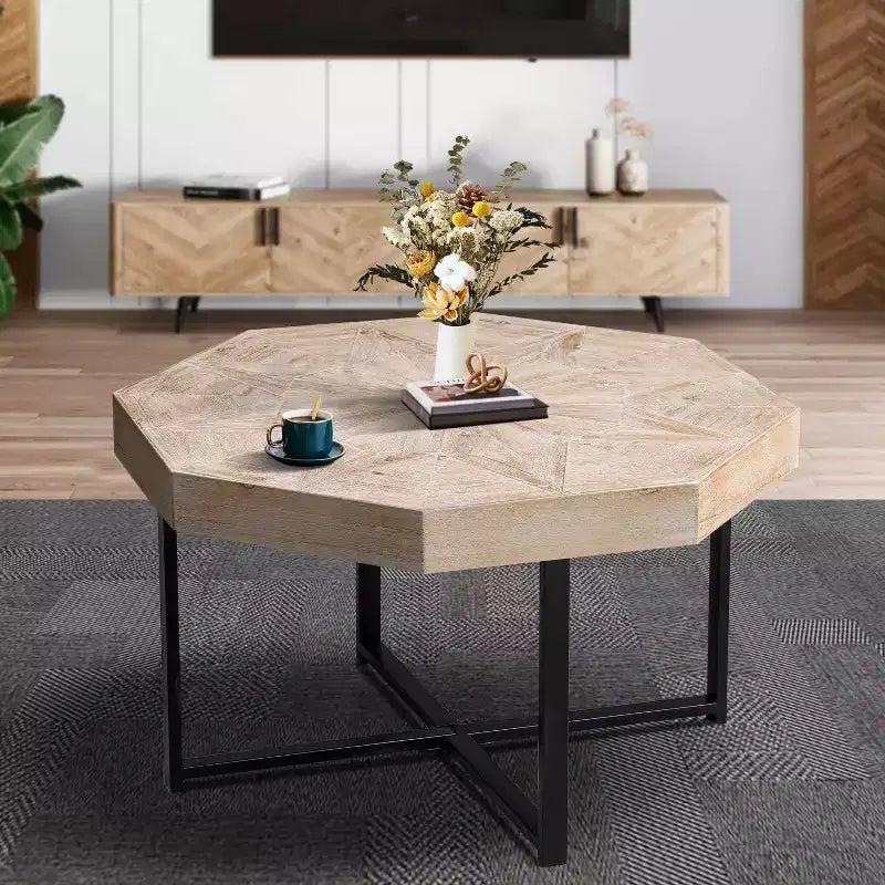 TUYOHW 29.1 Tavolino da caffè vintage per soggiorno, tavolino centrale ottagonale in legno con base a incrocio in acciaio, tavolino da cocktail da 30 pollici
