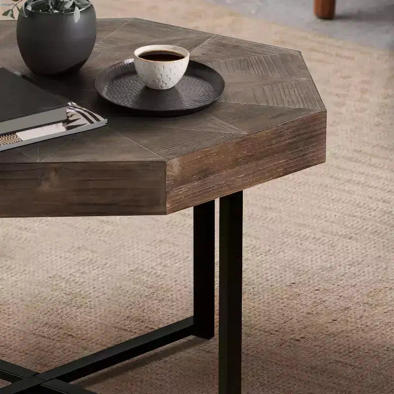 TUYOHW 29.1 Tavolino da caffè vintage per soggiorno, tavolino centrale ottagonale in legno con base a incrocio in acciaio, tavolino da cocktail da 30 pollici