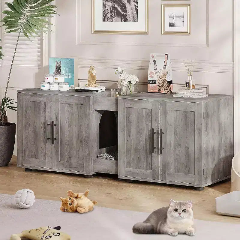 Mobile Copri Lettiera per Gatti da 55 Pollici, Box Lettiera Grande 3-IN-1 con Doppie Stanze, Gabinetto in Legno in Stile Rustico, Mobile Copri Lettiera Nascosto