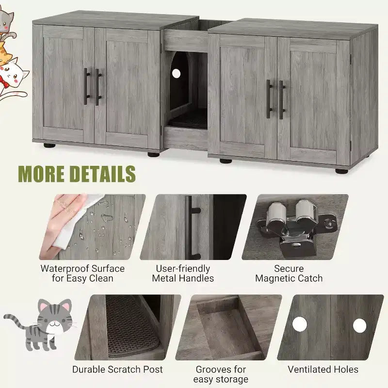 Mobile Copri Lettiera per Gatti da 55 Pollici, Box Lettiera Grande 3-IN-1 con Doppie Stanze, Gabinetto in Legno in Stile Rustico, Mobile Copri Lettiera Nascosto