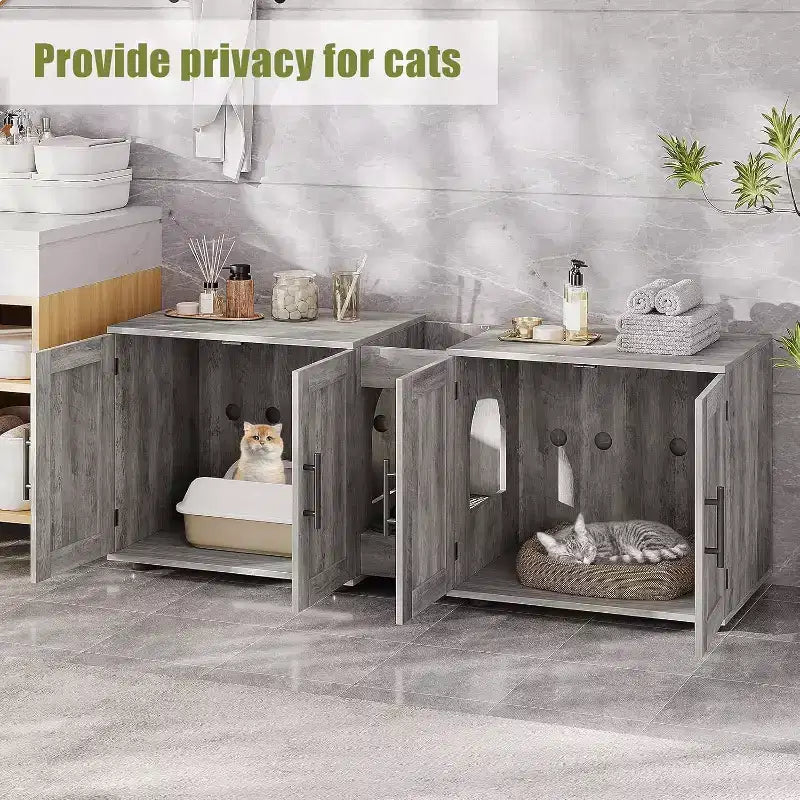 Mobile Copri Lettiera per Gatti da 55 Pollici, Box Lettiera Grande 3-IN-1 con Doppie Stanze, Gabinetto in Legno in Stile Rustico, Mobile Copri Lettiera Nascosto