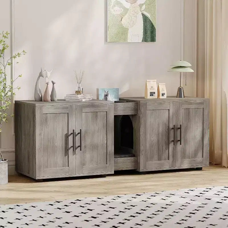 Mobile Copri Lettiera per Gatti da 55 Pollici, Box Lettiera Grande 3-IN-1 con Doppie Stanze, Gabinetto in Legno in Stile Rustico, Mobile Copri Lettiera Nascosto