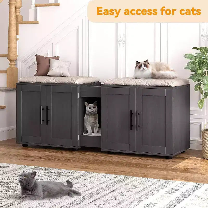Mobile Copri Lettiera per Gatti da 55 Pollici, Box Lettiera Grande 3-IN-1 con Doppie Stanze, Gabinetto in Legno in Stile Rustico, Mobile Copri Lettiera Nascosto