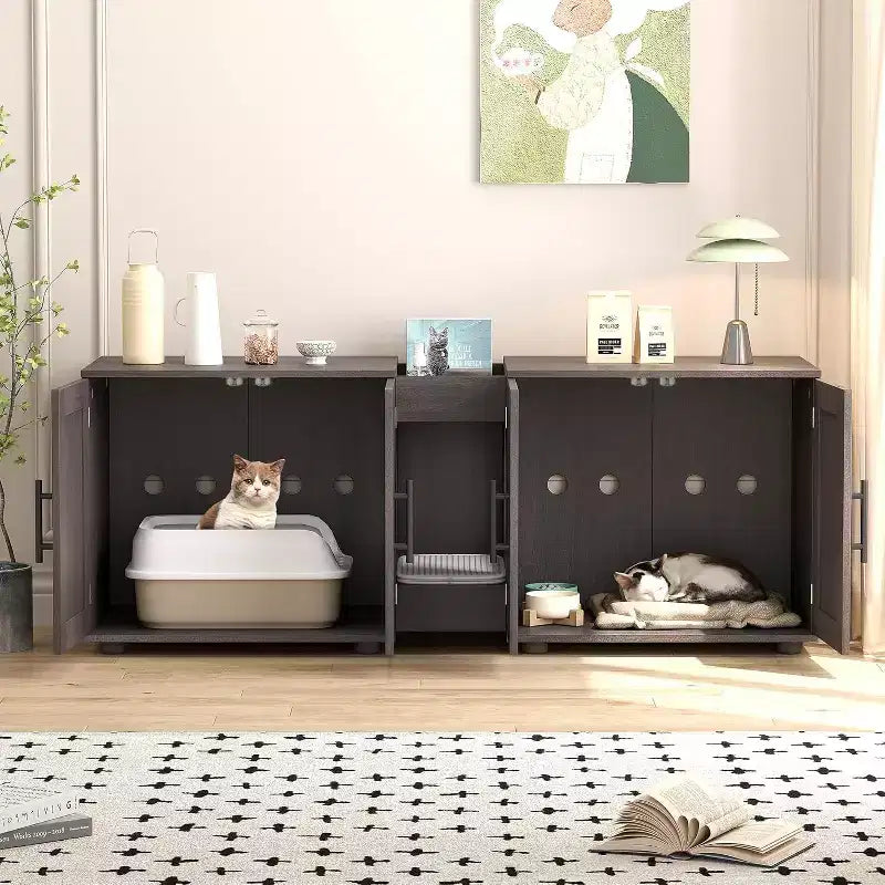 Mobile Copri Lettiera per Gatti da 55 Pollici, Box Lettiera Grande 3-IN-1 con Doppie Stanze, Gabinetto in Legno in Stile Rustico, Mobile Copri Lettiera Nascosto