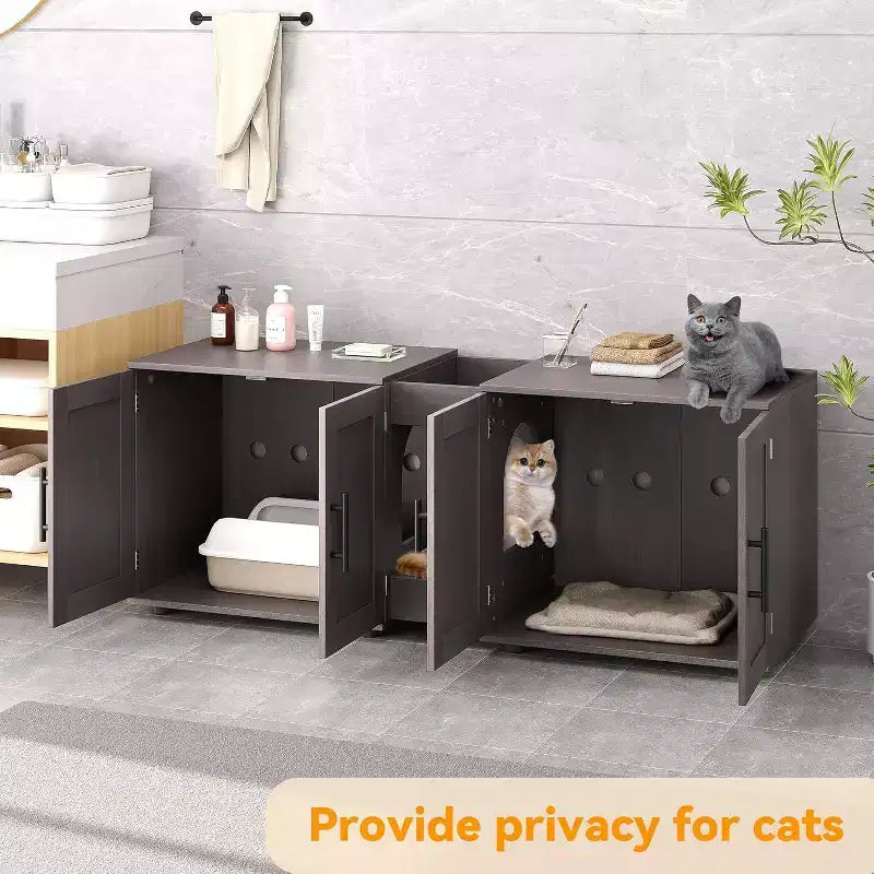 Mobile Copri Lettiera per Gatti da 55 Pollici, Box Lettiera Grande 3-IN-1 con Doppie Stanze, Gabinetto in Legno in Stile Rustico, Mobile Copri Lettiera Nascosto