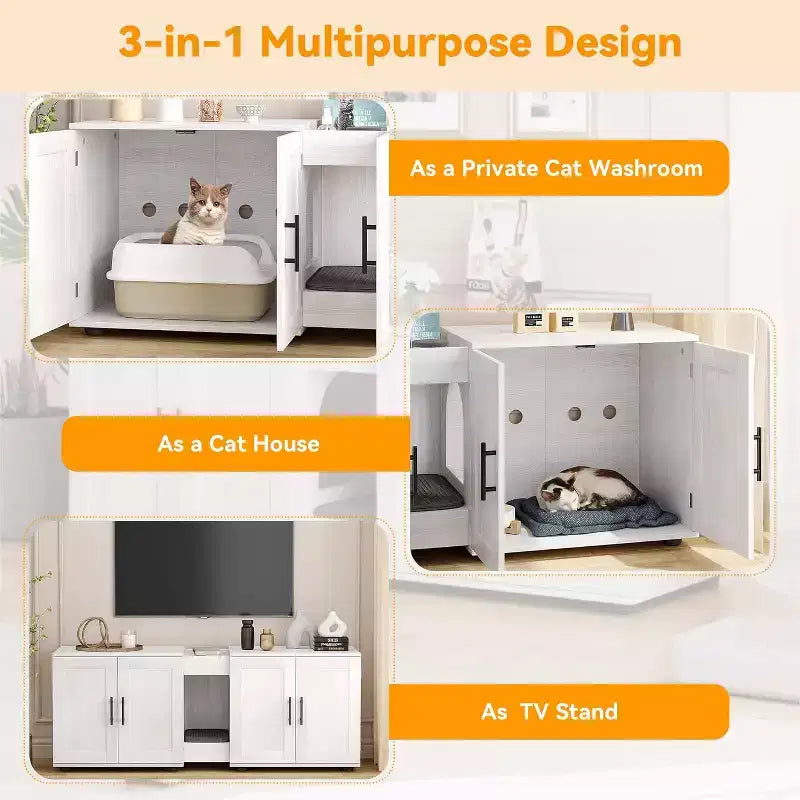 Mobile Copri Lettiera per Gatti da 55 Pollici, Box Lettiera Grande 3-IN-1 con Doppie Stanze, Gabinetto in Legno in Stile Rustico, Mobile Copri Lettiera Nascosto