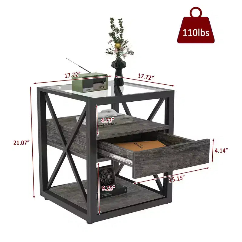TUYOHW 1/2 comodini industriali con piano in vetro temperato e cassetto, tavolino con struttura a X, tavolino per soggiorno, camera da letto, ufficio domestico