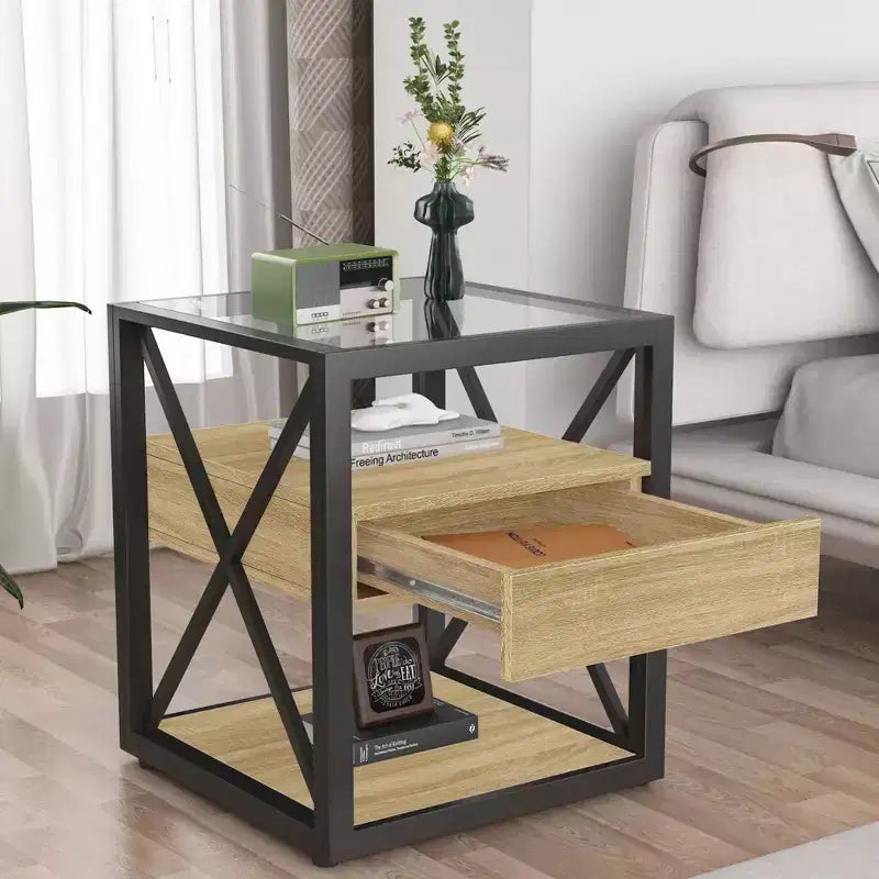 TUYOHW 1/2 comodini industriali con piano in vetro temperato e cassetto, tavolino con struttura a X, tavolino per soggiorno, camera da letto, ufficio domestico