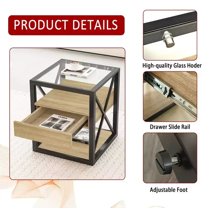 TUYOHW 1/2 comodini industriali con piano in vetro temperato e cassetto, tavolino con struttura a X, tavolino per soggiorno, camera da letto, ufficio domestico