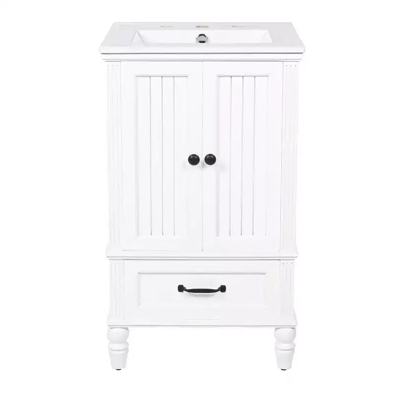 Mobile lavabo da bagno compatto da 20 pollici con contenitore, mobiletto da bagno in legno con cassetti e ante, bianco