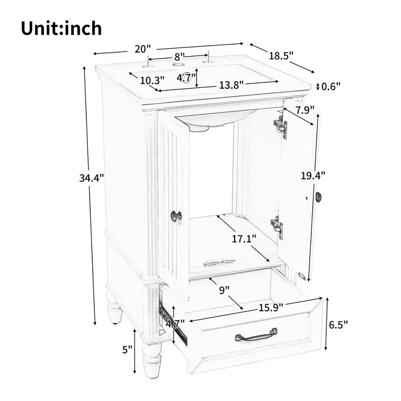 Mobile lavabo da bagno compatto da 20 pollici con contenitore, mobiletto da bagno in legno con cassetti e ante, bianco