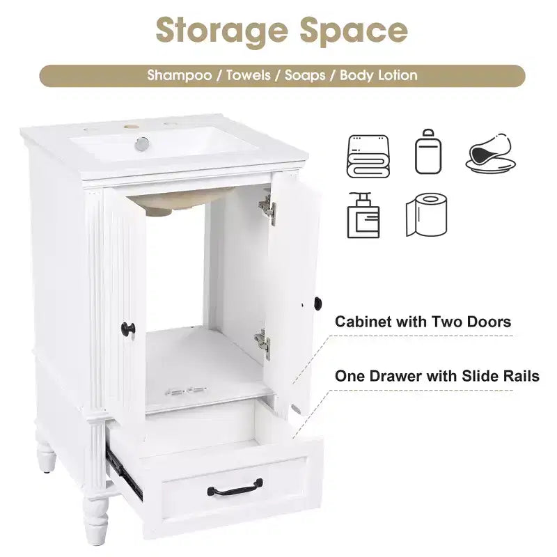 Mobile lavabo da bagno compatto da 20 pollici con contenitore, mobiletto da bagno in legno con cassetti e ante, bianco
