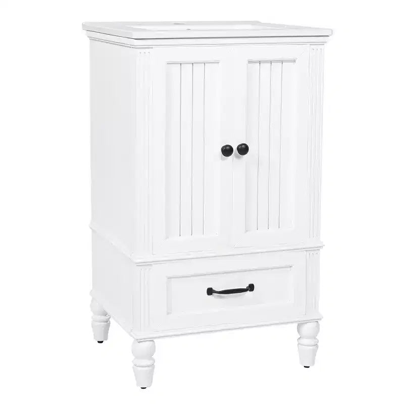 Mobile lavabo da bagno compatto da 20 pollici con contenitore, mobiletto da bagno in legno con cassetti e ante, bianco