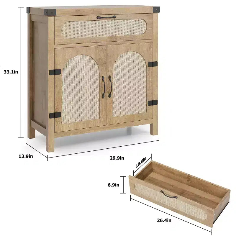 Credenza con finiture in rattan - Mobile buffet in legno naturale con cassetto e ripiani regolabili per sala da pranzo/soggiorno/cucina